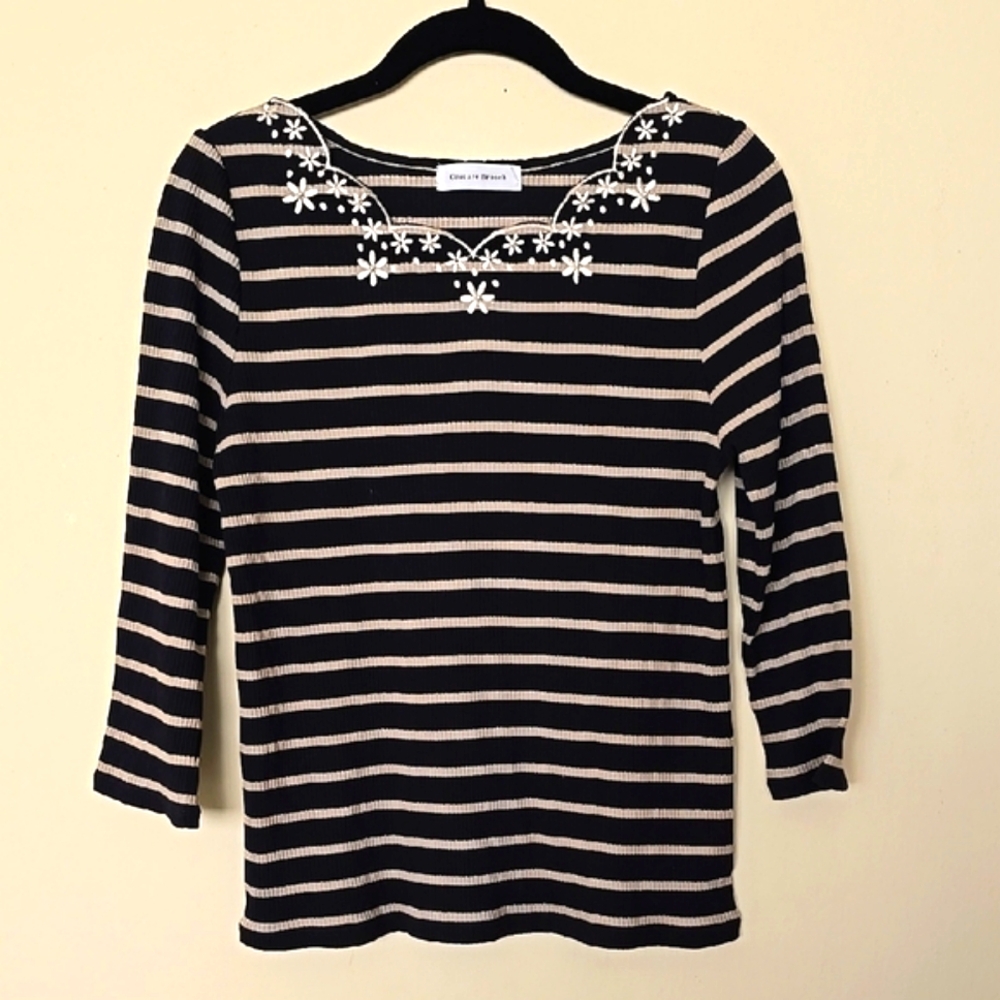Black and Cream Striped Long Sleeves Top with Floral Accents Size M